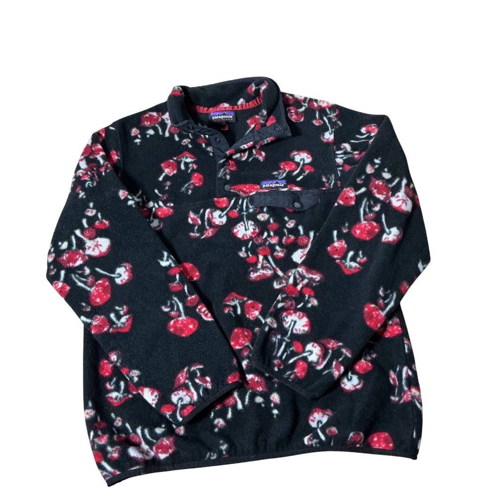 Patagonia Mushroom Print Synchilla Fleece Pullover Womens Medium Black Red Rare
